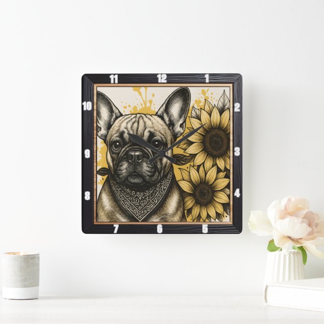 Bulldog-Sonnenblume-Grafik Quadratische Wanduhr (Zuhause)