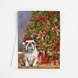 Bulldog Watercolor unter Weihnachtsbaum Karte