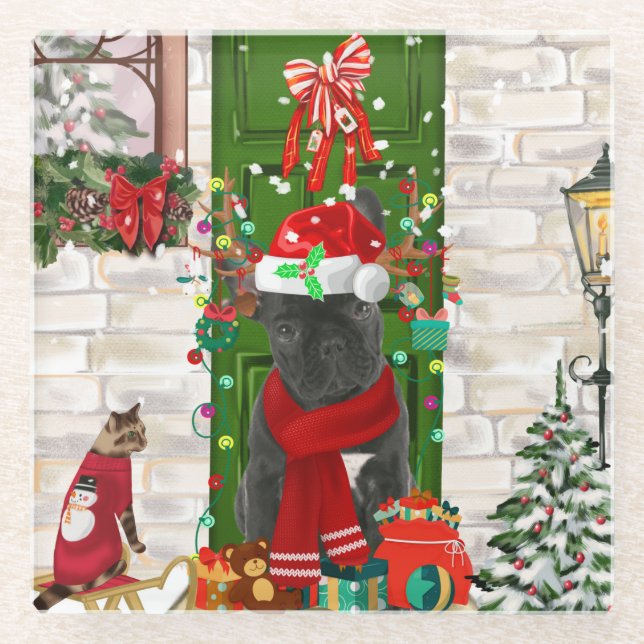 Bulldog Weihnachten Glasuntersetzer (Vorderseite)
