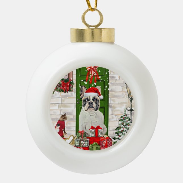 Bulldog Weihnachten Keramik Kugel-Ornament (Vorderseite)