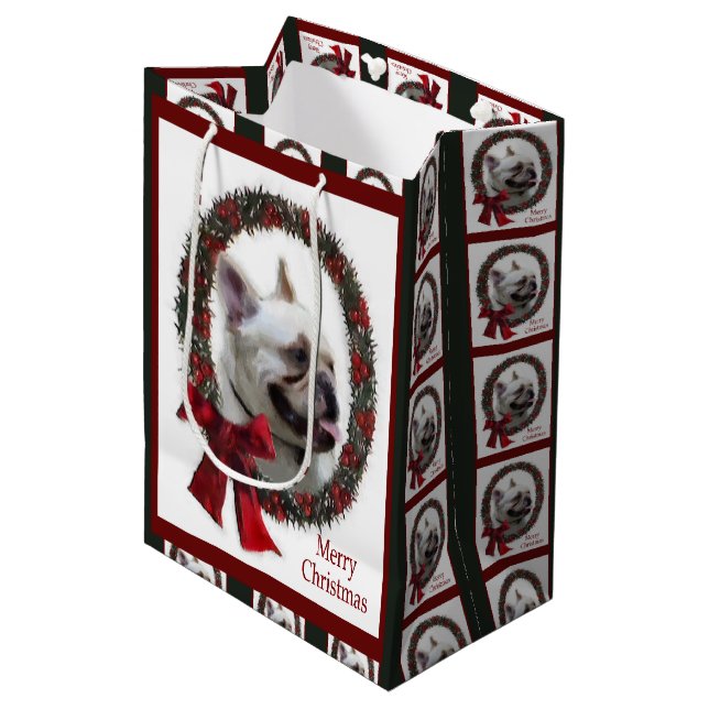 Bulldog Weihnachten Mittlere Geschenktüte (Vorderseite Schrägansicht)