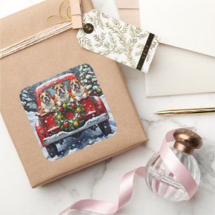 Bulldog Weihnachten Rotes Lastwagen Urlaub Quadratischer Aufkleber