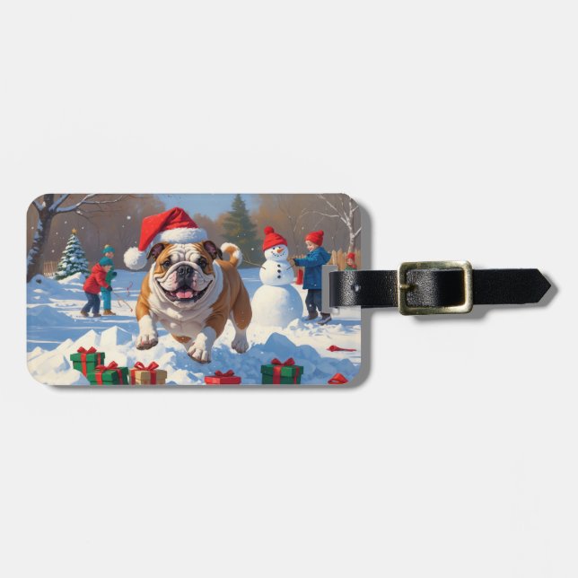 Bulldog Weihnachtsfest Schneeszene Gepäckanhänger (Vorderseite horizontal)