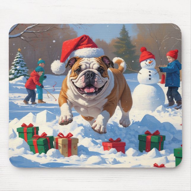 Bulldog Weihnachtsfest Schneeszene Mousepad (Vorne)