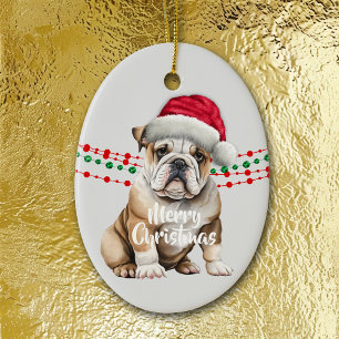 Bulldog Weihnachtsmannmütze Holiday Beads Keramik Ornament