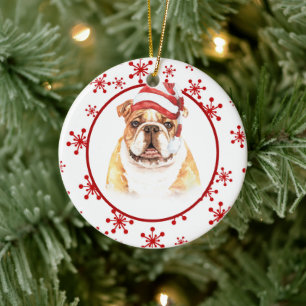 Bulldog Weihnachtsmannmütze Red Snowflake Weihnach Keramik Ornament