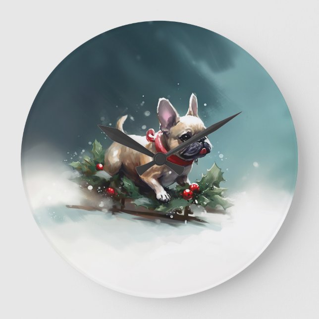 Bulldog Weihnachtsschnee im Winter Große Wanduhr (Vorderseite)