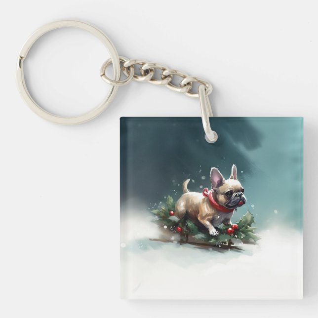 Bulldog Weihnachtsschnee im Winter Schlüsselanhänger (Vorderseite)