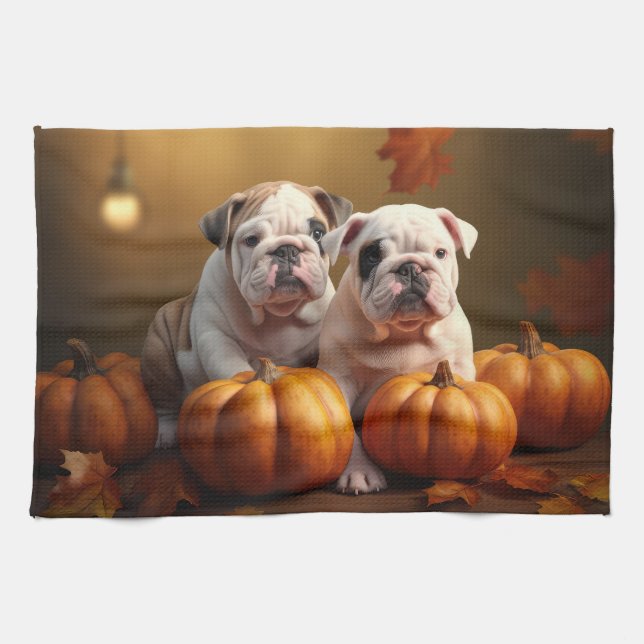 Bulldog Welpe Autumn Delight Pumpen Geschirrtuch (Horizontal)