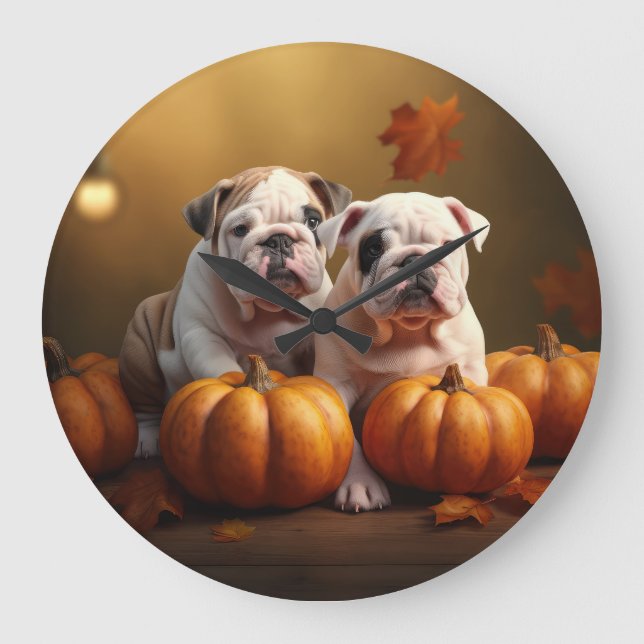 Bulldog Welpe Autumn Delight Pumpen Große Wanduhr (Vorderseite)