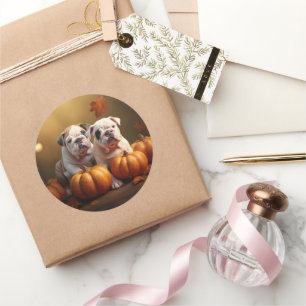 Bulldog Welpe Herbstfreude Kürbis Runder Aufkleber