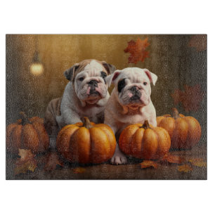 Bulldog Welpe Herbstfreude Kürbis Schneidebrett
