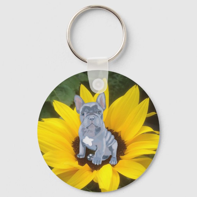 Bulldog Welpe und Sonnenblume Schlüsselanhänger (Vorderseite)