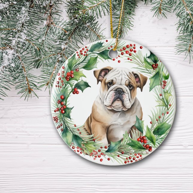 Bulldog Welppy Holly Wreath Weihnachten Keramik Ornament (Von Creator hochgeladen)
