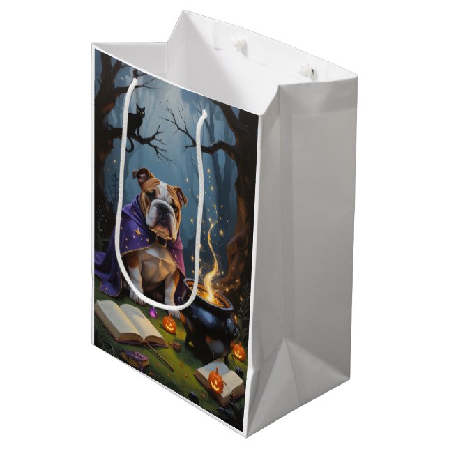 Bulldog Whimsical Halloween Malerei Mittlere Geschenktüte (Vorderseite Schrägansicht)