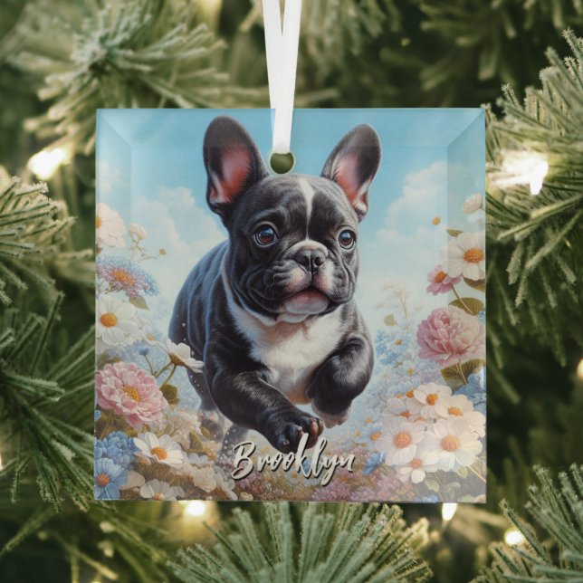 Bulldog & White French Blume Ornament Aus Glas (Insitu)