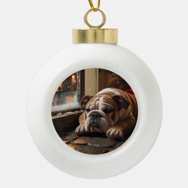 Bulldog with Christmas Lights Holiday Keramik Kugel-Ornament (Vorderseite)