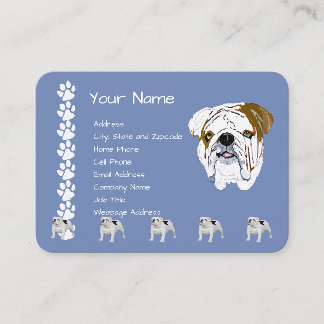 Bulldogge auf Land-Blau mit Pawprints Visitenkarte (Vorderseite)