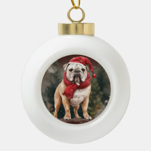Bulldogge im Schnee Weihnachten Keramik Kugel-Ornament