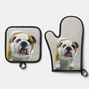 Bulldogge Malerei Rot und Weiß Englische Haustiere Ofenhandschuh & Topflappen-Set