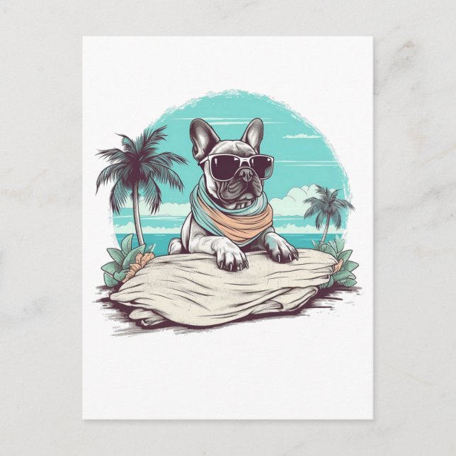 Bulldogge mit Sonnenbrille am Strand Postkarte (Vorderseite)
