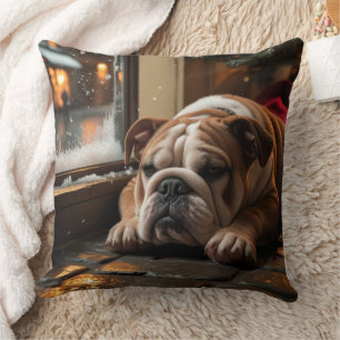 Bulldogge mit Weihnachtsbeleuchtung Feiertag Kissen