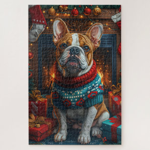 Bulldogge mit Weihnachtsgeschenken Kamin