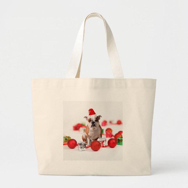 Bulldogge Weihnachtsschmuck Geschenkboxen Rote Wei Jumbo Stoffbeutel (Vorne)