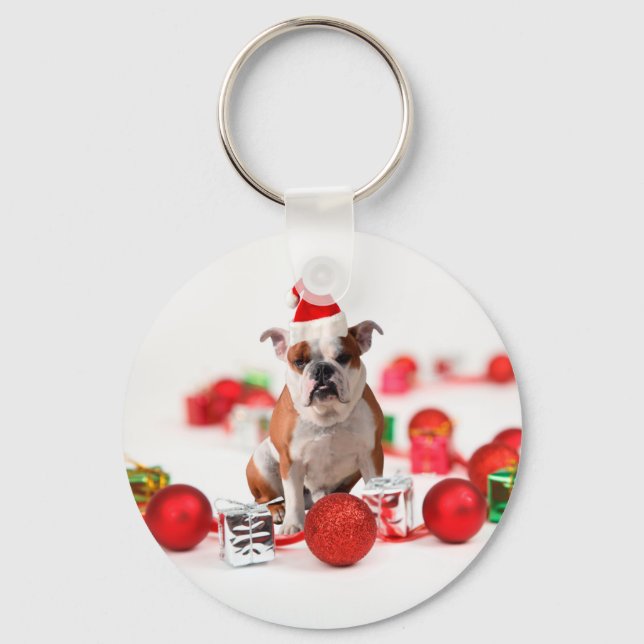 Bulldogge Weihnachtsschmuck Geschenkboxen Rote Wei Schlüsselanhänger (Vorderseite)
