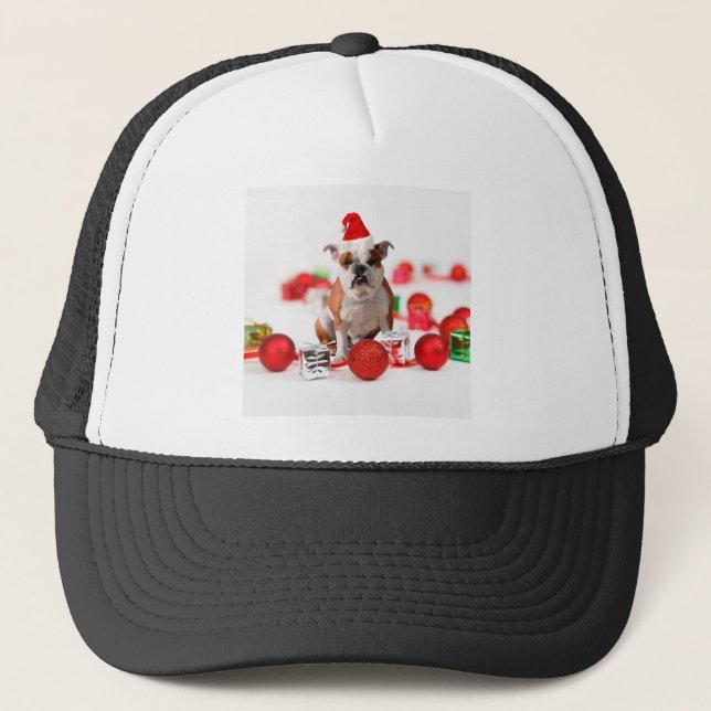 Bulldogge Weihnachtsschmuck Geschenkboxen Rote Wei Truckerkappe (Vorderseite)