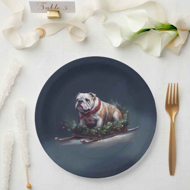Bulldogge Weihnachtsschnee Pappteller (Hochzeit)