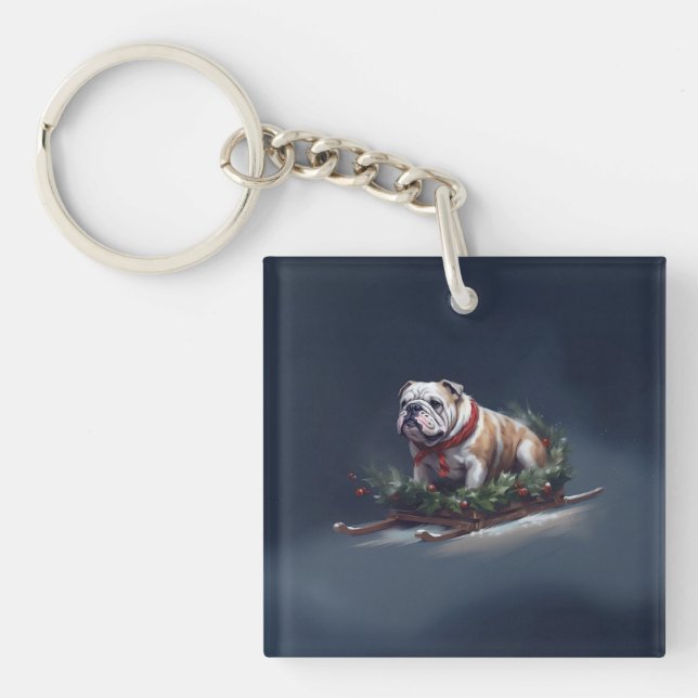 Bulldogge Weihnachtsschnee Schlüsselanhänger (Vorderseite)