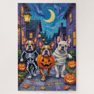 Bulldoggen, die an Halloween Süßigkeiten sammeln