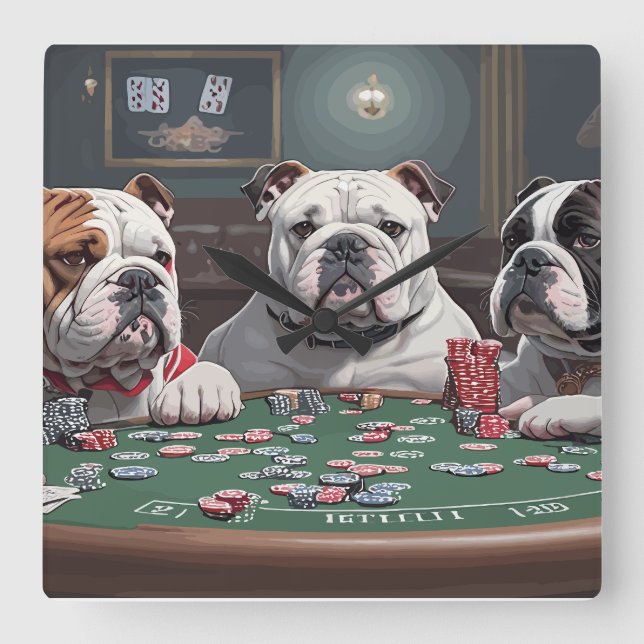 Bulldogs playing poker quadratische wanduhr (Vorderseite)