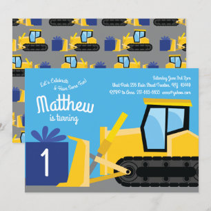 Bulldozer 1er anniversaire Invitations