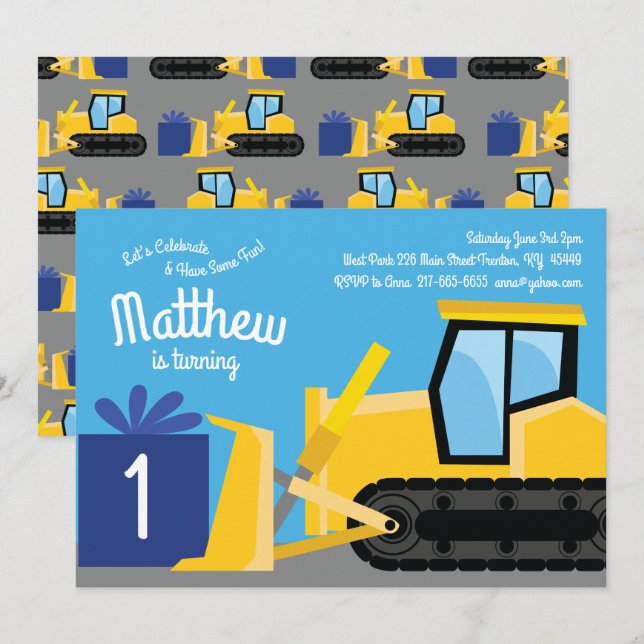Bulldozer Einladungen zum 1. Geburtstag (Vorne/Hinten)