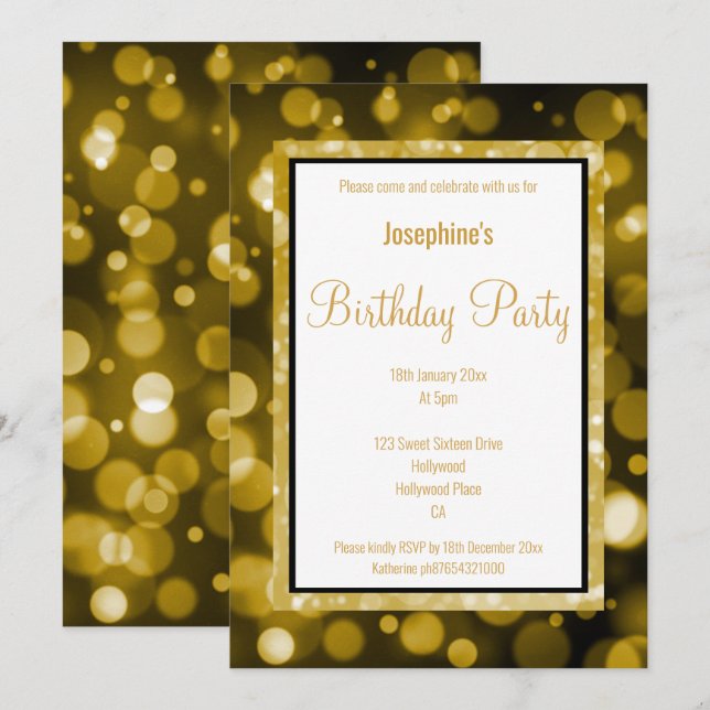 BULLE NOIR ET OR LAYÉ INVITATION ANNIVERSAIRE (Devant / Derrière)