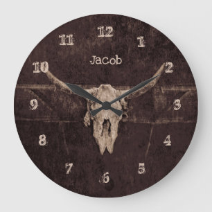 Bulle Skull Western Braunen Beige Alte Rustikal Große Wanduhr