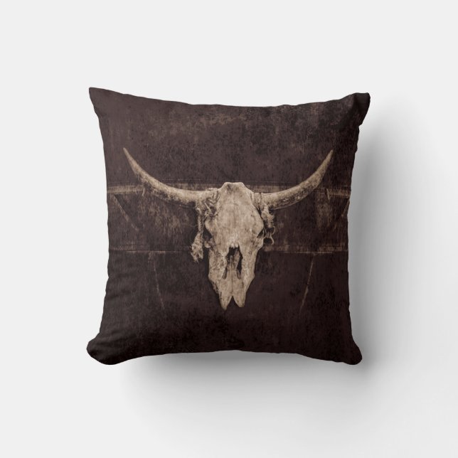 Bulle Skull Western Braunen Beige Alte Rustikal Kissen (Vorderseite)