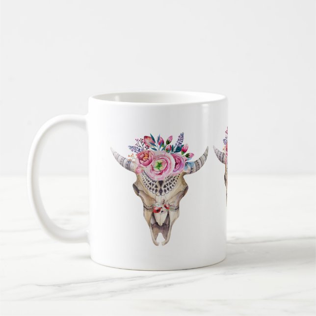 Bullenschädel und farbenfrohe Rose und Buckel Kaffeetasse (Links)