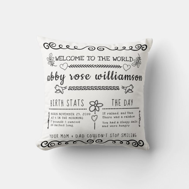 Bullet Journal Style Baby Birth Stats Keepake Kissen (Vorderseite)