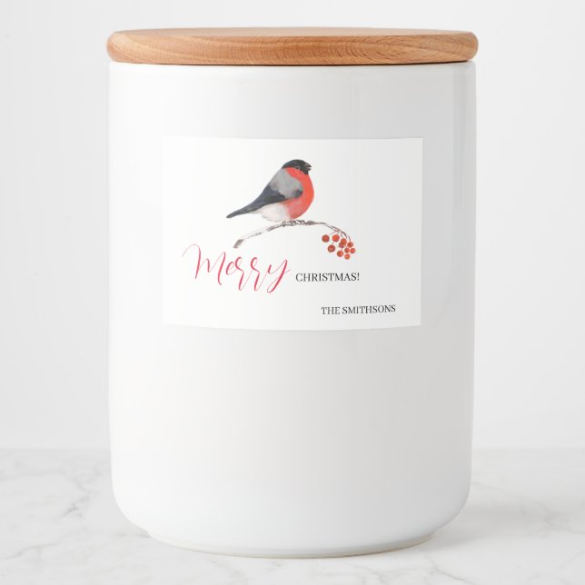 Bullfinch and red Rowan berries, Merry Christmas! Lebensmitteletikett (Vorderseite)
