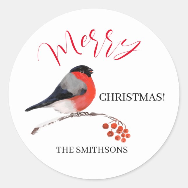 Bullfinch and red Rowan berries, Merry Christmas! Runder Aufkleber (Vorderseite)