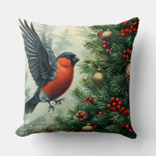 Bullfinch auf dekoriertem Weihnachtsbaum Kissen