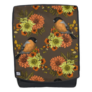 Bullfinch on autumn florals rucksack