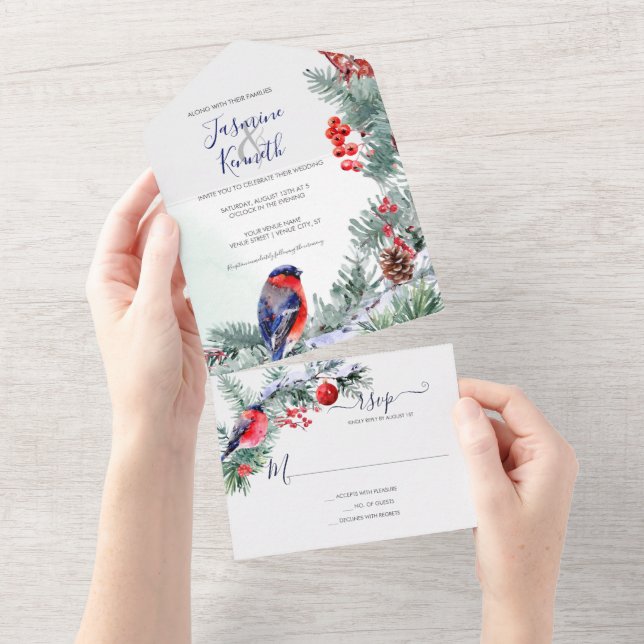 Bullfinch, Poinsettia, Pine Winter Wedding All In One Einladung (Abreißen)