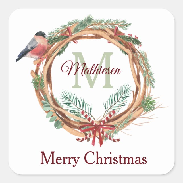 Bullfinch Rustic Wood Wreath Monogramm Weihnachten Quadratischer Aufkleber (Vorderseite)