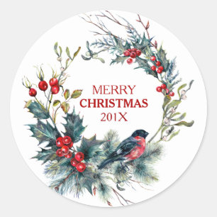Bullfinch & Weihnachtskranz Runder Aufkleber