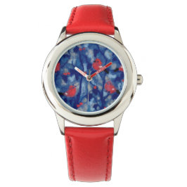 Bullfinen, Rote Vögel, blaue Waldbäume Kunst Armbanduhr