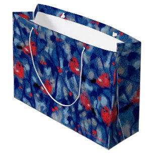 Bullfinen, Rote Vögel, blaue Waldbäume Kunst Große Geschenktüte